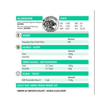 Hazyday Hero Fresh Wort Kit informasjon om ølsettet