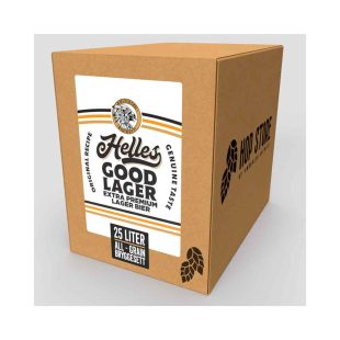 Helles Good Lager allgrain ølsett i esken den leveres i. En herlig øl